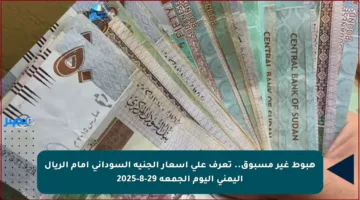 هبوط غير مسبوق.. تعرف على أسعار الجنيه السوداني أمام الريال اليمني اليوم الجمعة 29-8-2025